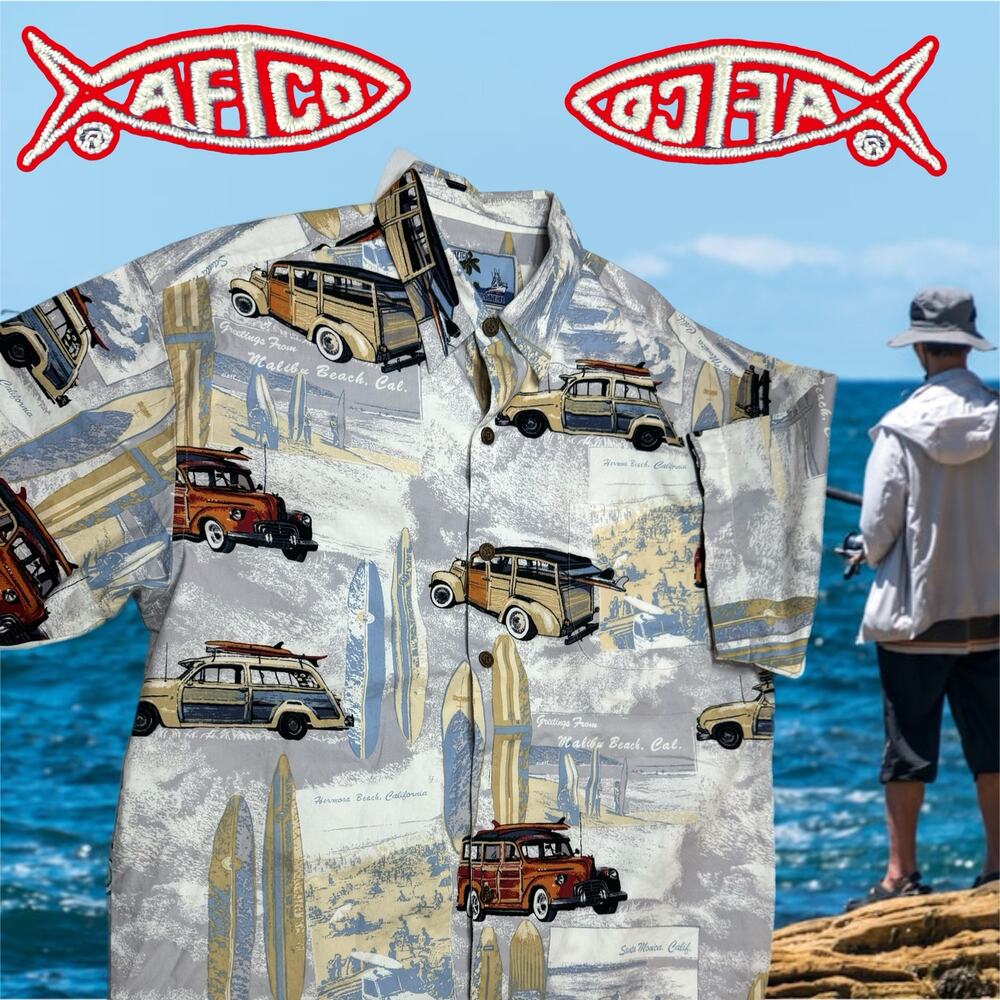 Vintage Bluewater Malibu Beach Surf Button Up Shirt Large White Red